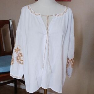 White and Tan Embroidered Women's Top